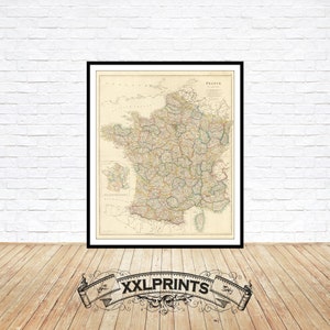 Mapa antigo da França, 1858, raro, reprodução fina, mapa grande, impressão de belas artes, impressão de mapa em tamanho grande