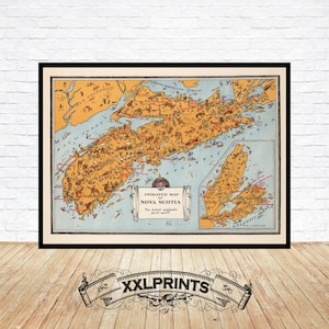 Ancienne carte animée de la Nouvelle-Écosse, 1929, provinces du Canada, belle reproduction, impression d'art, impression surdimensionnée