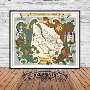 Carte des vignobles de Bordeaux, 1954, carte des vignobles de France, belle reproduction, grande carte, impression d'art, décor antique, impression de carte surdimensionnée