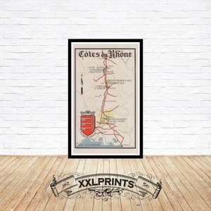 Mapa antiguo de los vinos de Côtes Du Rhône, 1947, mapa de viñedos, reproducción fina, impresión de bellas artes