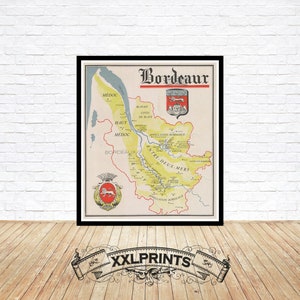Mapa antiguo de vinos de Burdeos, 1947, excelente reproducción, mapa grande, impresión de bellas artes, impresión de mapa de gran tamaño