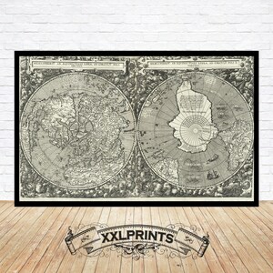 Ancient map of the North and South Pole, 1592, fine reproduction, large map, fine art print, oversize map print