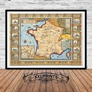 Mapa antigo da França, 1929, mapa pictórico, mapa turístico, reprodução fina, mapa grande, impressão de belas artes, decoração antiga, impressão de mapa de tamanho grande