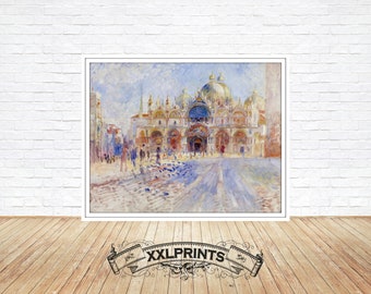 Puede incluir: Una pintura de la Basílica de San Marcos en Venecia, Italia. La pintura está realizada en un estilo que recuerda al impresionismo, con pinceladas sueltas y un enfoque en la luz y el color. La basílica se representa en un amarillo pálido y blanco, con un cielo azul y nubes en el fondo.
