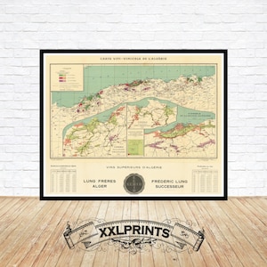 Mapa antiguo de vinos de Argelia, 1927, reproducción fina, mapa grande, impresión de bellas artes, impresión de mapa de gran tamaño