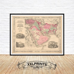 Antique Map of Turkey, Persia, Arabia: 1863 Fine Art Print