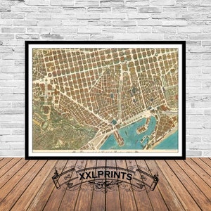Alte Landkarte von Barcelona,19th Jahrhundert, Stadtplan, aus der Vogelperspektive, feine Reproduktion, große Landkarte, Kunstdruck