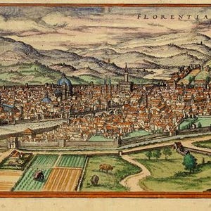 May include: An antique map of Florence, Italy, with a detailed illustration of the city and surrounding countryside. The map is hand-colored and includes a title cartouche with the word "FLORENTIA" in a decorative font.