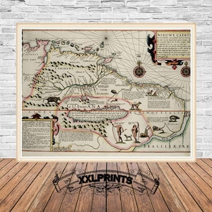 Antike Karte von Guyana, 1599, sehr seltene Karte, Feine Reproduktion, große Karte, Fine Art Druck, antikes Dekor, Oversize-Karte