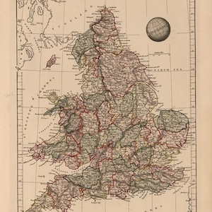 1825 Antike Karte von England und Wales, 1825, digitale Antike, Vintage Karte, Scrapbook-Papiere mit alten Texturen, sofortiger Download