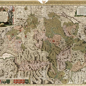 Op de afbeelding: Een antieke kaart van Zwitserland, die de dertien kantons en hun gebieden toont. De kaart is met de hand gekleurd en heeft een titelcartouche met de tekst "La Suisse Divisée en Ses Treize Cantons Ses A & Ses Sujets".