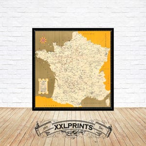 Mapa turístico antigo de castelos franceses, 1954, reprodução fina, mapa grande, impressão de belas artes, impressão de mapa em tamanho grande