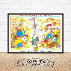 Alte Weinkarte der Region Cote du Rhone, Frankreich, 1965, bildhafte Karte, feiner Reproduktion, übergroßer Kartendruck