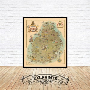 Old pictorial map of Mauritius, 1957, fine reproduction, large map, fine art print, oversize map print