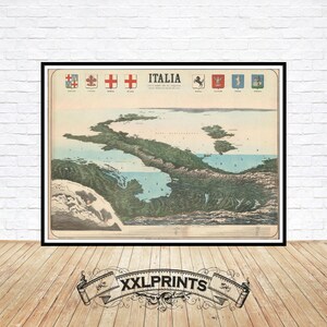 Alte Vogelperspektive von Italien, 1865, selten, antik, Reproduktion, große Karte, Fine Art Druck, Übergröße Landkarte