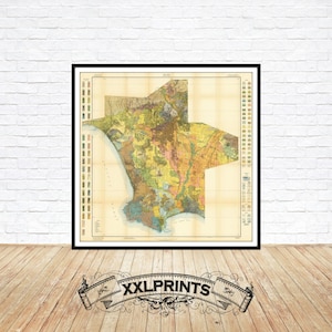 Könnte beinhalten: Vintage-Karte von San Francisco, Kalifornien, die die verschiedenen Stadtteile und die Landnutzung der Stadt zeigt. Die Karte ist in verschiedenen Farben gedruckt, darunter Grün, Gelb und Braun. Die Karte ist in einem schwarzen Rahmen gerahmt.