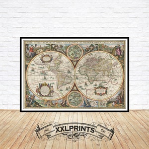 Antike Landkarte der Welt, französische Landkarte, 1636, sehr seltene, feine Reproduktion, große Karte, Fine Art Druck, Übergröße Landkarte