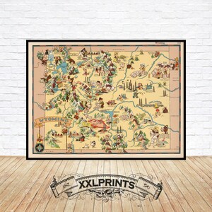 Carte du Wyoming dessinée en 1935, carte illustrée, belle reproduction, grande carte, impression d'art, impression de carte surdimensionnée