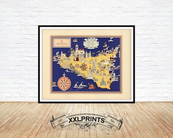 Może przedstawiać: Antyczna, ilustrowana mapa Sycylii, Włochy, z niebieskim tłem i żółtymi obszarami lądowymi. Mapa jest wypełniona małymi ilustracjami zabytków, ludzi i zwierząt. Tytuł "SICILIA" znajduje się w białym kółku u góry mapy.