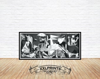May include: A black and white print of Pablo Picasso's Guernica, a cubist painting depicting the horrors of war. The painting features a bull, a horse, and several figures in a chaotic composition.