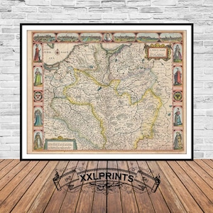 May include: An antique map of Poland from the 17th century, showing the borders of the country and its surrounding regions. The map is printed in black and white with hand-colored details. The map is framed in a black frame.