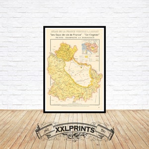 Mapa antiguo de los viñedos de Cognac, Petite Champagne y Borderies, Charente Maritime, 1947, mapa de viñedos, reproducción fina, mapa grande, impresión de bellas artes