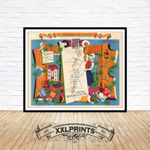 Carte des vignobles de France, carte des vins de Bourgogne, carte du XIXe siècle, belle reproduction, grande carte, impression d'art, décor antique, impression de carte surdimensionnée