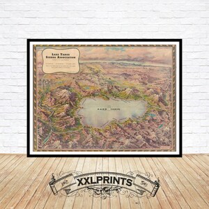 Alte Karte von Lake Tahoe, 1950, aus der Vogelperspektive, feine Reproduktion, große Karte, Fine Art Print, Übergröße Kartendruck