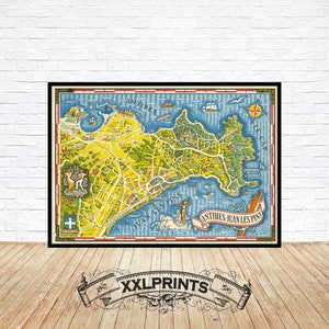 Antigo mapa pictórico de Juan Les Pins, Antibes, sul da França, 1949, reprodução fina, mapa grande, impressão de belas artes, impressão de mapa em tamanho grande
