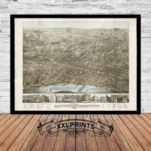 Antike Karte von Hartford, Conneticut, aus der Vogelperspektive, alte Landkarte, feine Reproduktion, große Landkarte, Fine Art Druck, antike Dekoration, Oversize Map Print