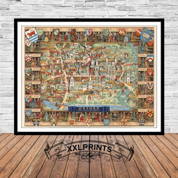 Old map of Oxford, 19th century, pictorial map, United Kingdom's counties, fine reproduction, large map, fine art print, oversize map print