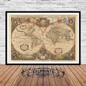 May include: A vintage world map print in a white frame. The map is in a light brown color with a detailed depiction of the continents and oceans. The title of the map is "NOVA TOTIVS TERRARVM ORBIS GEOGRAPHICA AC HYDROGRAPHICA TABVLA".