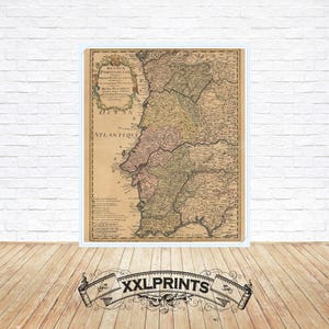 Antieke kaart van Portugal, 1736, zeer zeldzame kaart, fijne reproductie, grote kaart, fine-artprint, antiek decor, extra grote kaartafdruk