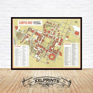 Ancienne carte de l'Université de l'Alabama, 1970, belle reproduction, grande carte, impression d'art, impression de carte surdimensionnée