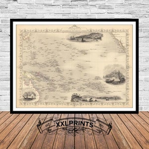 Mapa antiguo de Polinesia, islas del océano Pacífico, 1851, mapa antiguo, reproducción fina, mapa grande, impresión de bellas artes, decoración antigua, impresión de mapa de gran tamaño