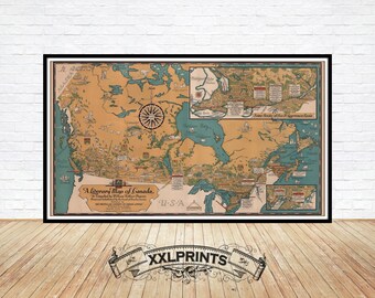 Old pictorial map of Canada, Literary map, 1936, fine reproduction, large map, fine art print, oversize map print