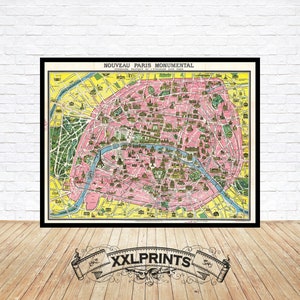 Alte Touristenkarte von Paris, Frankreich, 1948, bildhaft, Monumente Karte, feine Reproduktion, große Karte, Fine Art Druck, Übergröße Kartendruck