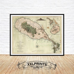 Antique map of St. Kitts and Nevis, 1779, extremely rare, fine reproduction, large map, fine art print, oversize map print