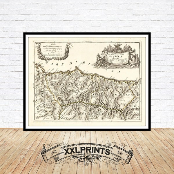 Mapa antiguo del Principado de Asturias, costa norte de España, 1696, raro, antiguo, reproducción fina, mapa grande, impresión de bellas artes, impresión de gran tamaño