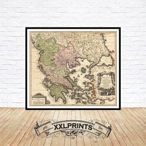 Alte Landkarte von Griechenland, 1740, seltene, antike Karte, Feine Reproduktion, große Karte, Fine Art Druck, Übergröße Karte