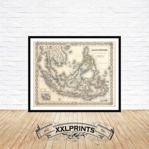 Old map of East Indies,Singapore, Thailand, Borneo, Malaysia,1855, fine reproduction, large map, fine art print, antique decor, oversize map