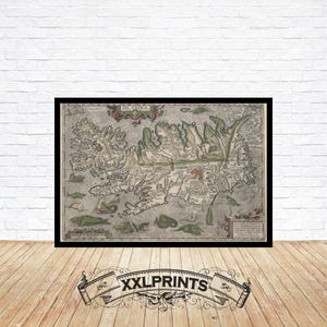 Alte Seeungeheuer Karte, Carta Marina, 1590, Island, sehr seltene,feine Reproduktion,große Karte, Kunstdruck, antikes Dekor, Kunstdruck