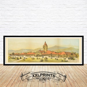 Alte Vogelperspektive der Stanford Junior Universität, Palo Alto, 1887, feine Reproduktion, große Karte, Kunstdruck, antikes Dekor, Kunstdruck