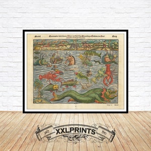 Alte Landkarte Seeungeheuer, Landkarte Monster, 1539, antik, selten, feine Reproduktion, große Karte, Fine Art Druck, Übergröße Karte