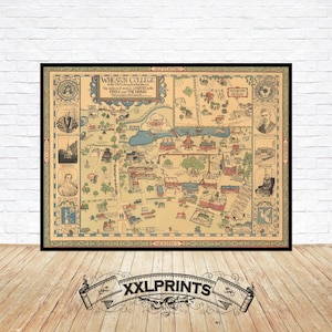 May include: A vintage map of Wheaton College in Norton, Massachusetts. The map shows the buildings and grounds of the college, including the lake and surrounding area. The map is in a green and brown color scheme with a decorative border.
