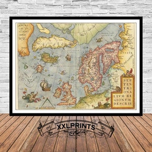 Carte ancienne de l'Europe du Nord, 1570, carte très rare, Scandinavie, belle reproduction, grande carte, impression d'art, décor antique, impression de carte surdimensionnée