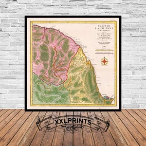 Mapa antigo da Guiana Francesa, 1729, mapa muito raro, mapa antigo, reprodução fina, mapa grande, impressão de belas artes, decoração antiga, impressão de mapa grande