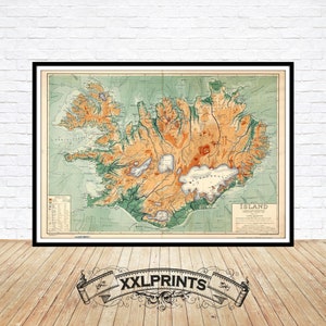 Ancienne carte d'Islande, 1928, belle reproduction, grande carte, impression d'art, impression de carte surdimensionnée