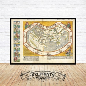 Mapa do mundo antigo antes da descoberta da América, 1493, extremamente raro, reprodução fina, mapa grande, impressão de belas artes, impressão de mapa em tamanho grande