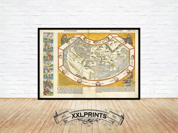 1493年の世界地図の版画：希少な美術複製 - Etsy 日本